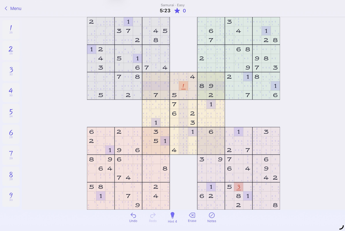 A Samurai board with Differentiate Without Color on: conflicting digits carry a strike mark beneath them