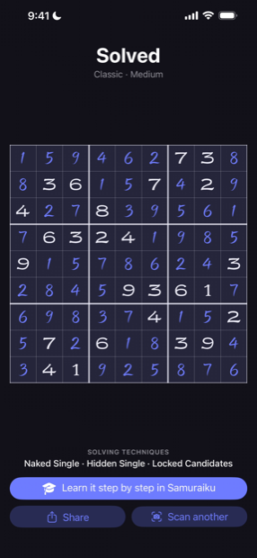 A solved Classic 9x9 Sudoku